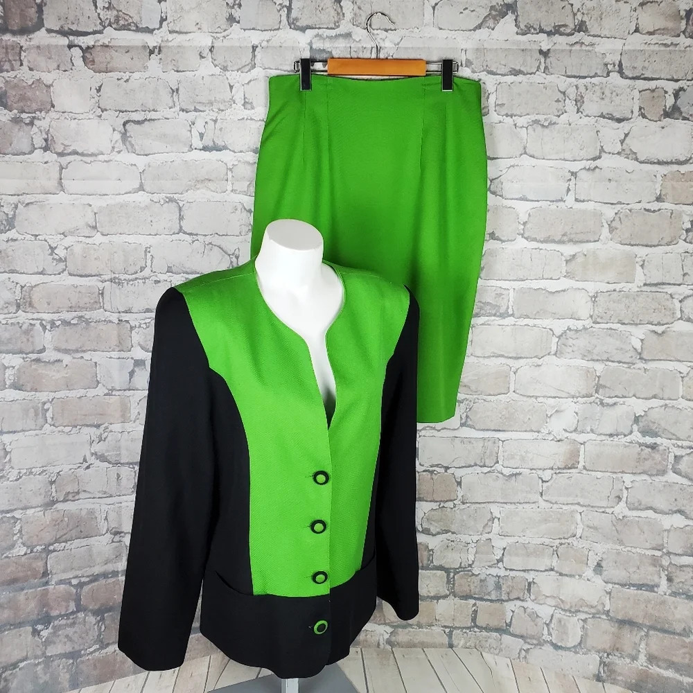 Vintage 80s Simon Chang 2 Piece Suit Blazer 14 Pencil Skirt 12 Lime Green Black